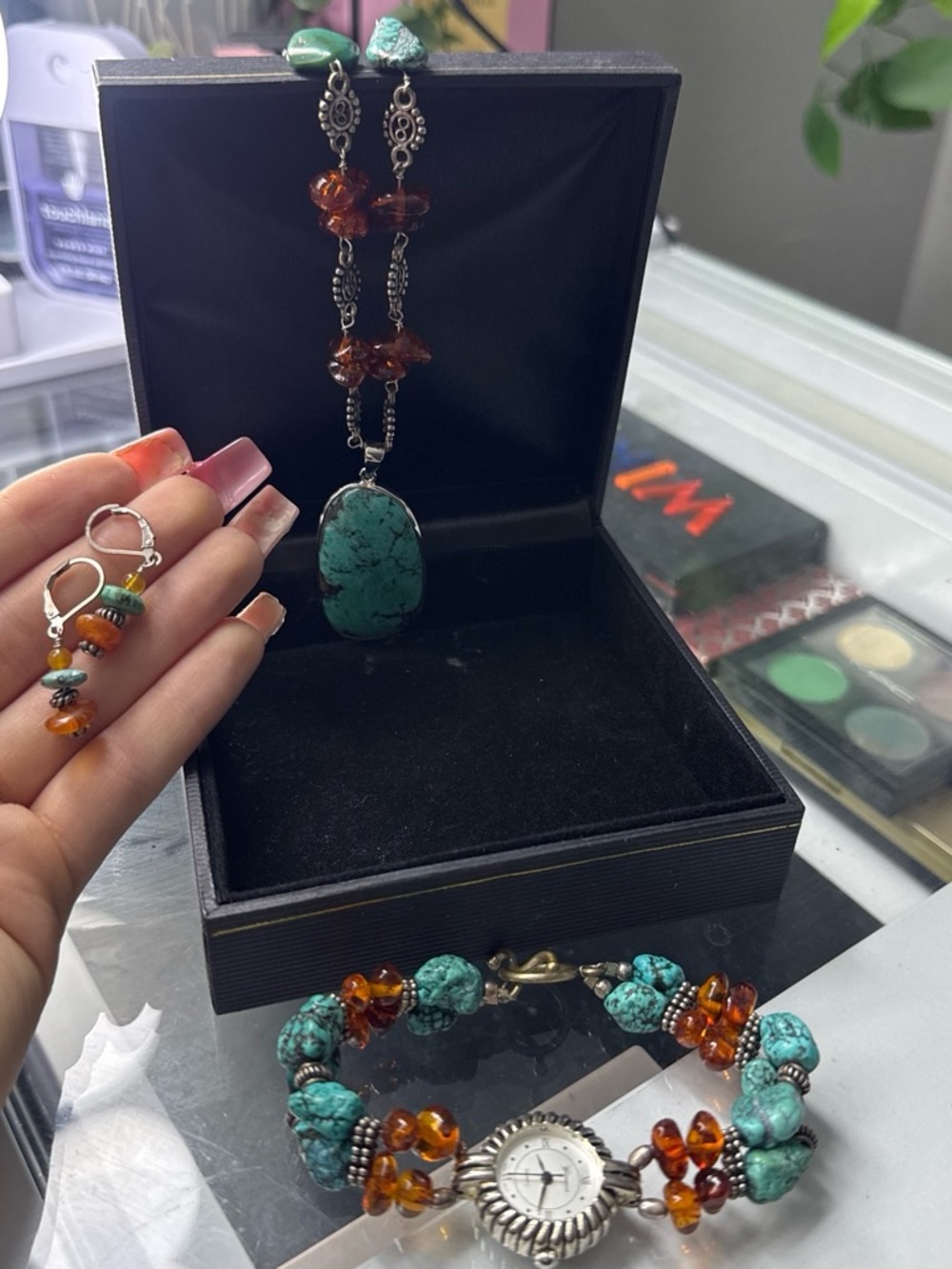 Geneva Turquoise and Amber Stone Necklace Earring & Bracelet Set - Women Jewelry
